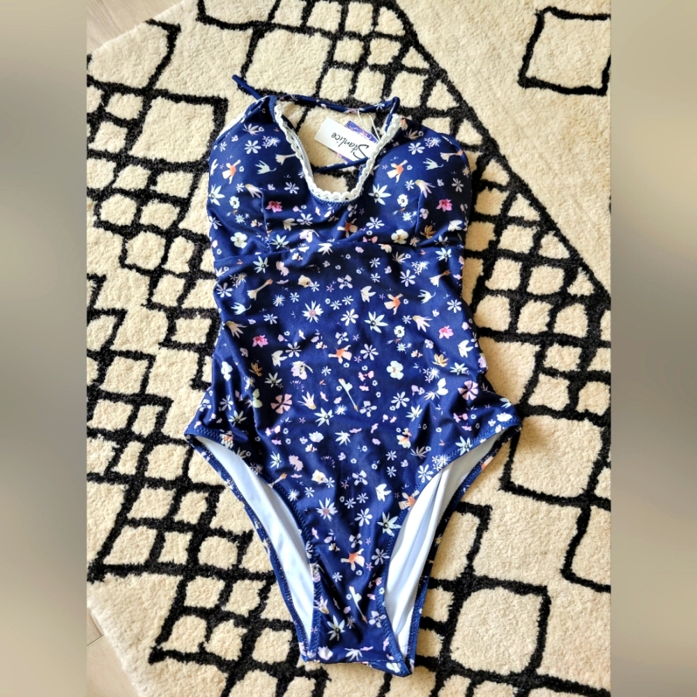 NWT‎ Stanlice Navy Micro Floral Criss Cross Back One Piece Swimsuit Size S